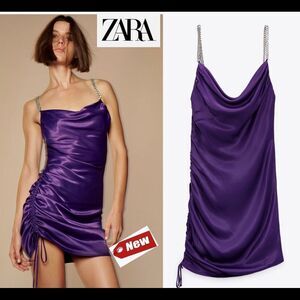 Zara purple draped ruched satin effect rhinestone bloggers fave dress Sz L NWT